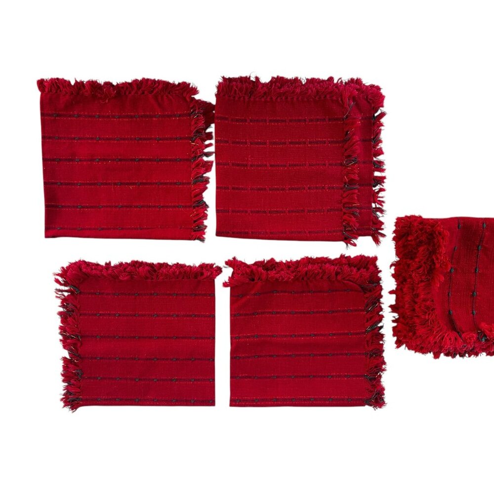 Set Of 4 Handmade Woven Red Placemats & Napkins Fringe Edges & Green Accent
